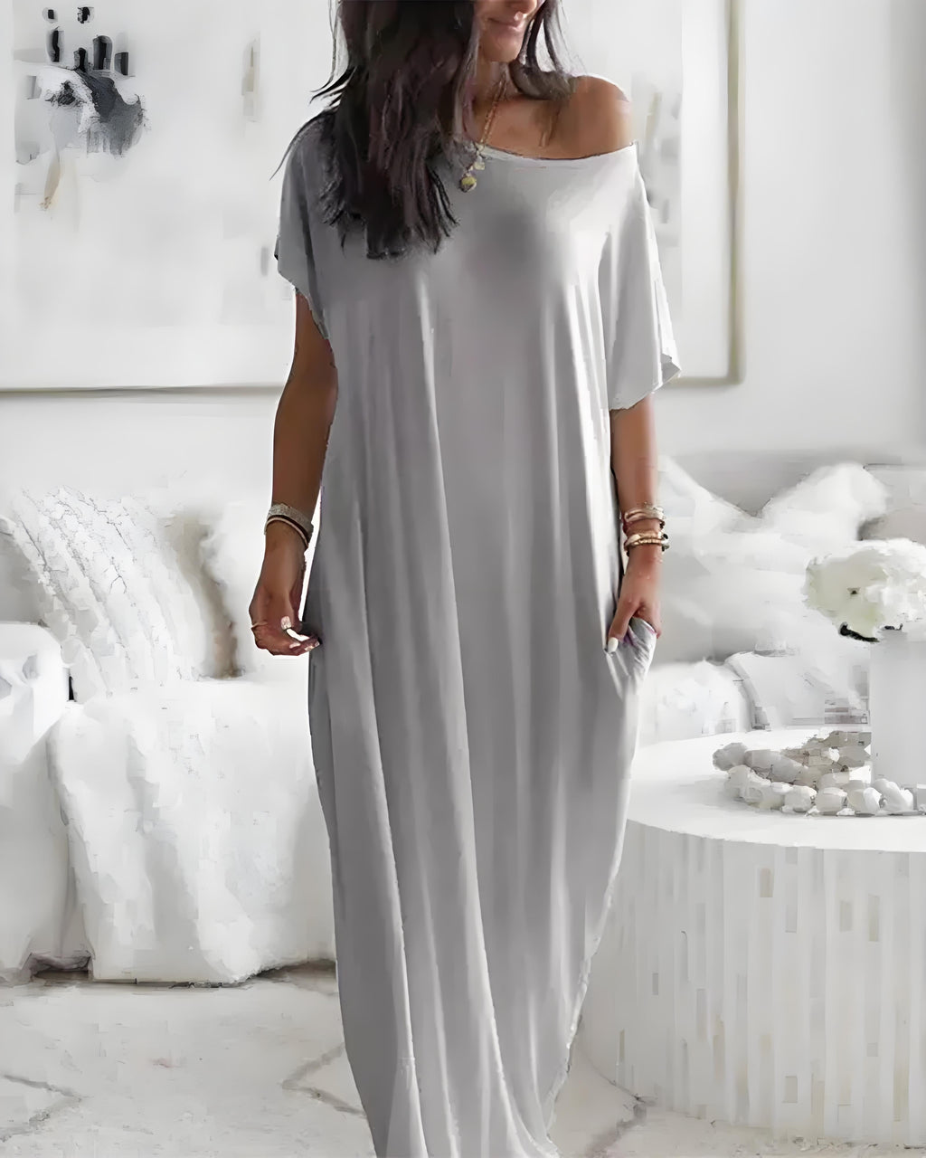 Off-Shoulder Batwing Sleeve Maxi Lounge Dress