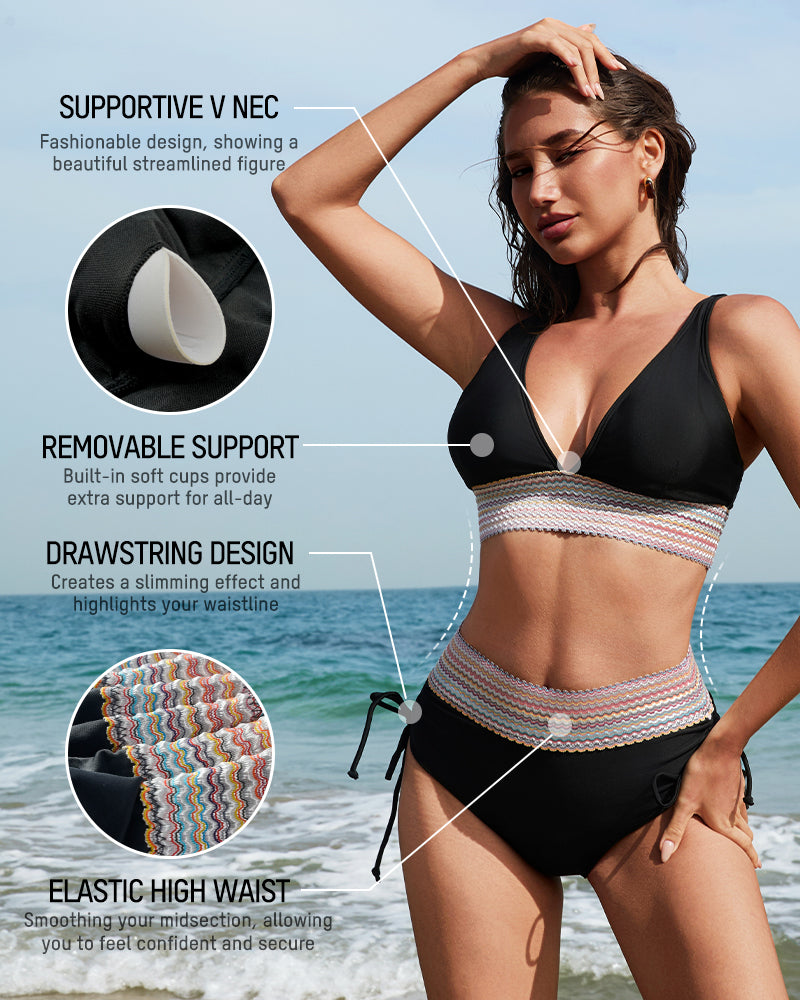 High Waisted Tummy Control Color Block Bikini Sets