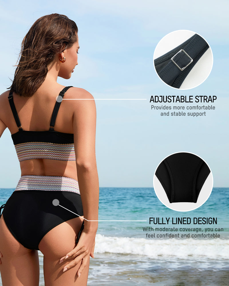 High Waisted Tummy Control Color Block Bikini Sets