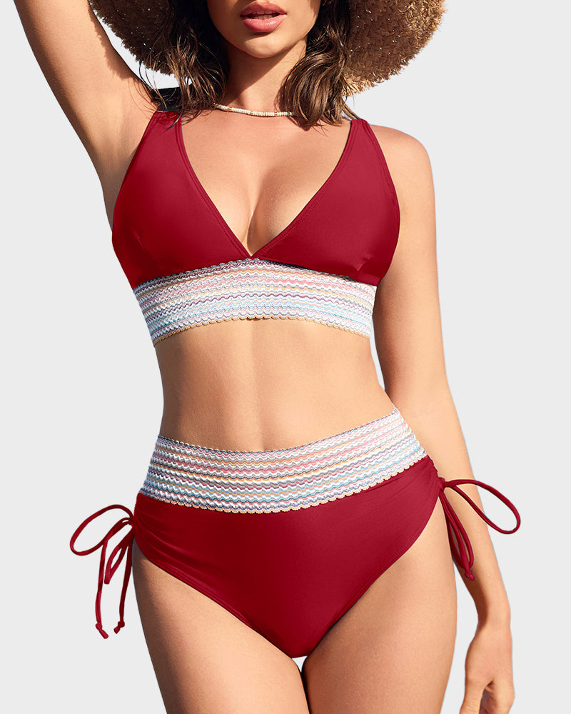 High Waisted Tummy Control Color Block Bikini Sets