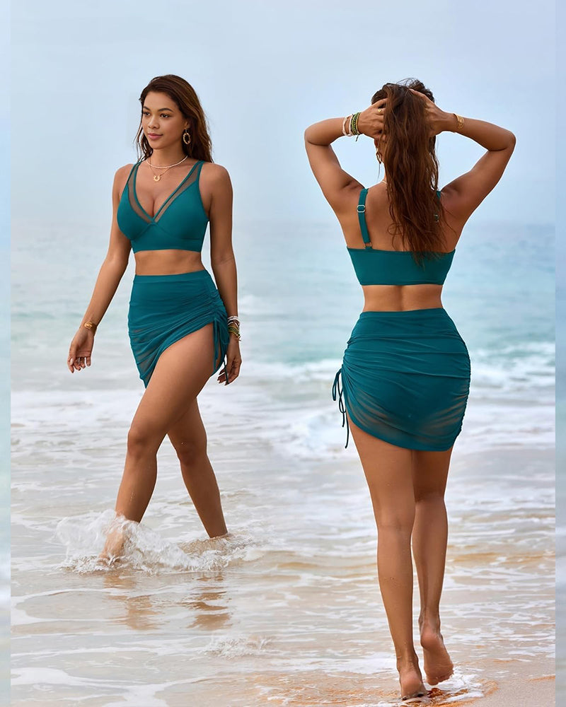 Mesh High Waisted Tummy Control Sarong Wraps Bikini Set