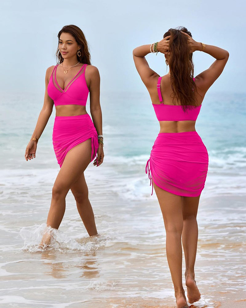 Mesh High Waisted Tummy Control Sarong Wraps Bikini Set