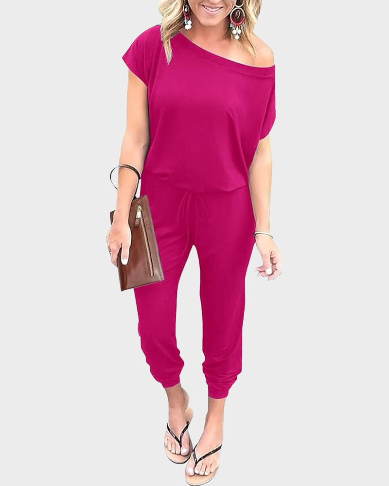 Off-Shoulder Short Sleeve Beam Foot Jumpsuit