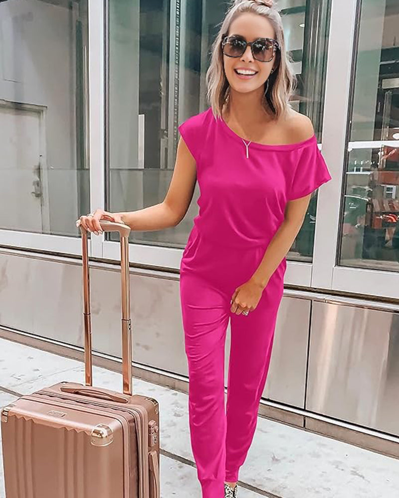 Off-Shoulder Short Sleeve Beam Foot Jumpsuit