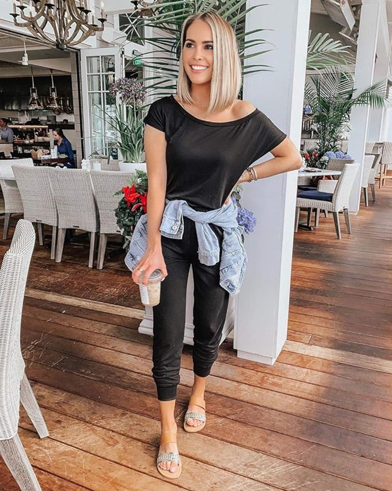 Off-Shoulder Short Sleeve Beam Foot Jumpsuit