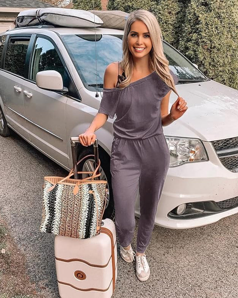 Off-Shoulder Short Sleeve Beam Foot Jumpsuit